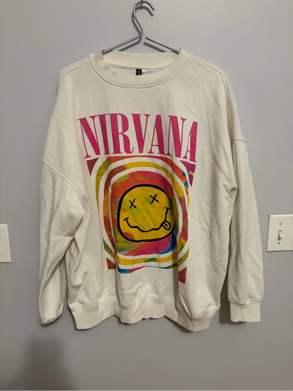 NIRVANA White Crewneck Sweatshirt with Pink Logo and Multicolor Smiley